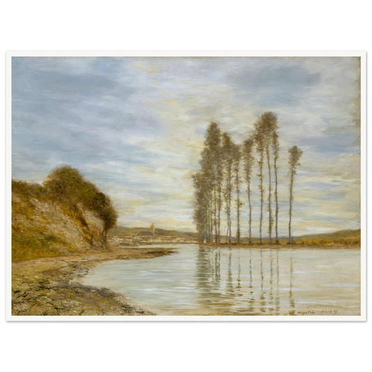 Tall poplar trees reflect in a calm river beside a rocky bank under a pale blue, cloud-filled sky.