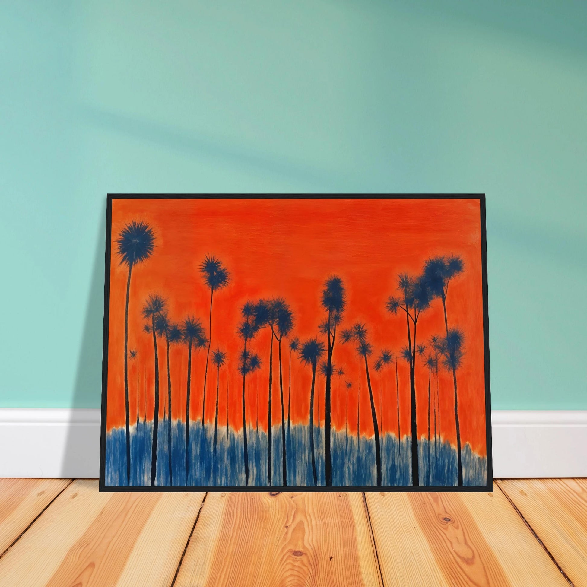 Dark silhouettes of tall palm-like trees rise against a vivid orange-red sky with deep blue ground tones, radiating intense warmth.