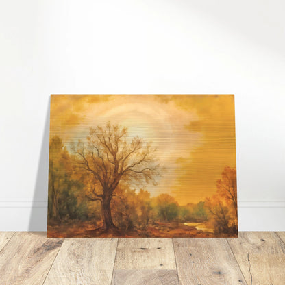 Golden sunset glows over a quiet woodland river with tall trees and warm autumn light.
