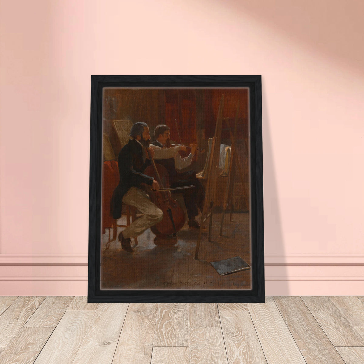 Two musicians play cello and violin in a warm artist studio, using easels as music stands.