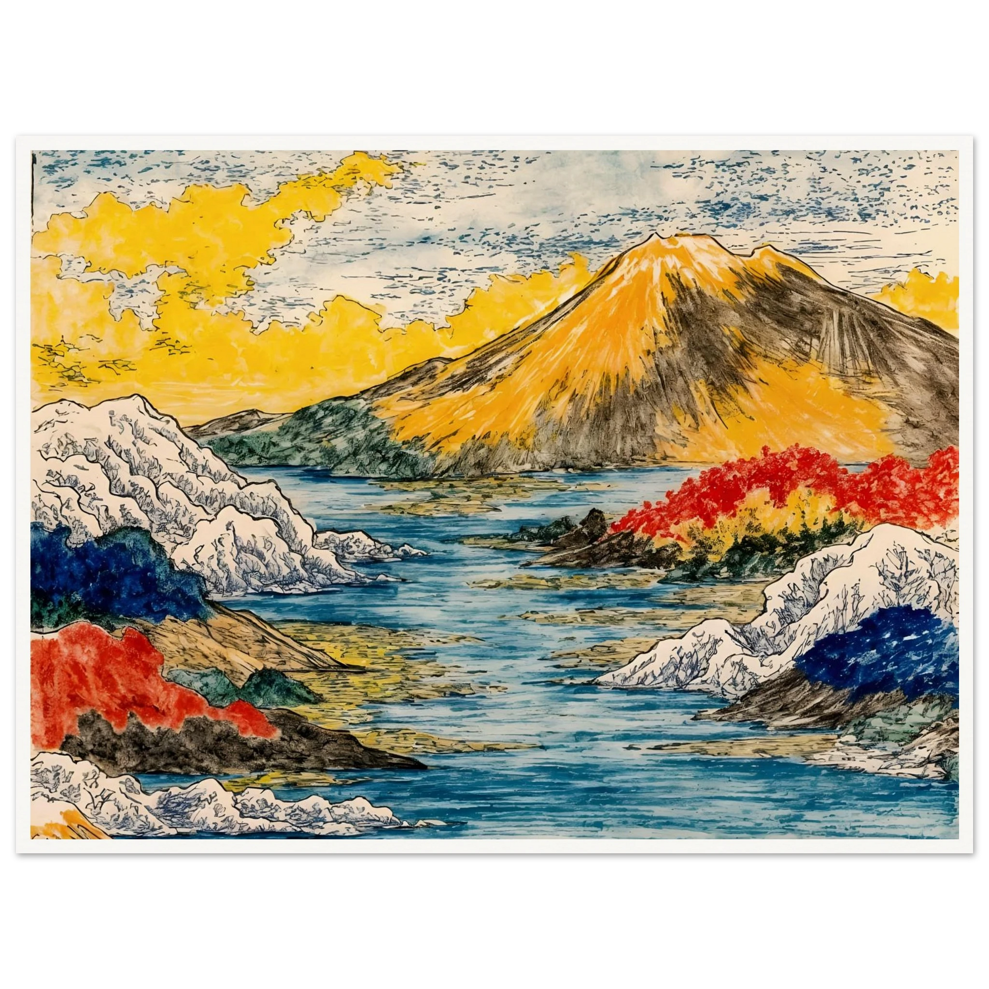 Golden mountain rises over blue water, snowy hills, red trees, and bright yellow clouds.