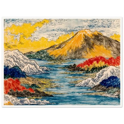 Golden mountain rises over blue water, snowy hills, red trees, and bright yellow clouds.