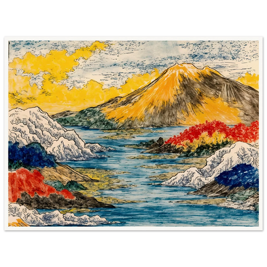 Golden mountain rises over blue water, snowy hills, red trees, and bright yellow clouds.