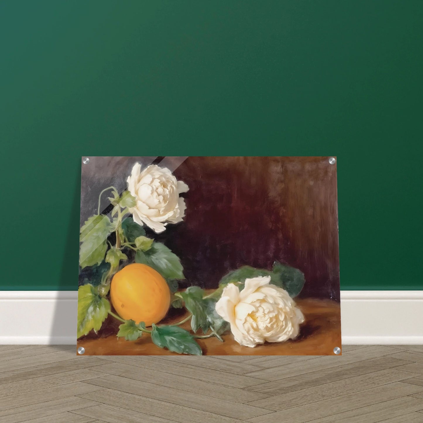 Cream roses and a golden lemon rest among lush green leaves against a rich dark backdrop with timeless elegance.