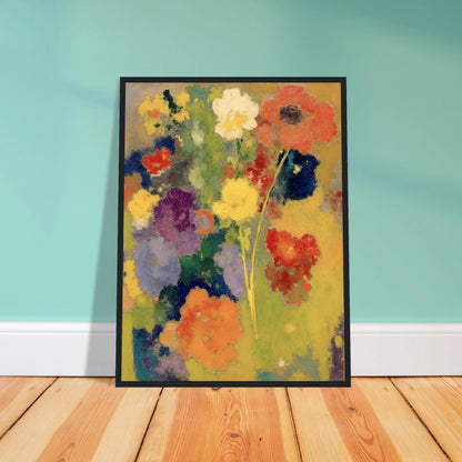 Soft garden flowers in red, white, yellow, purple, and orange bloom against a warm golden field.