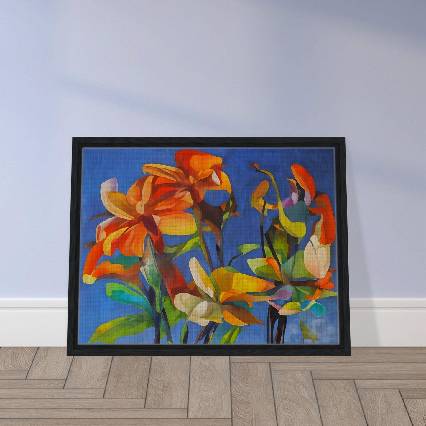 A vibrant floral painting with bold orange, yellow, and green flowers against a deep blue background, creating a striking contrast of warm and cool tones