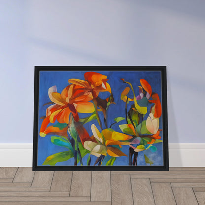 A vibrant floral painting with bold orange, yellow, and green flowers against a deep blue background, creating a striking contrast of warm and cool tones