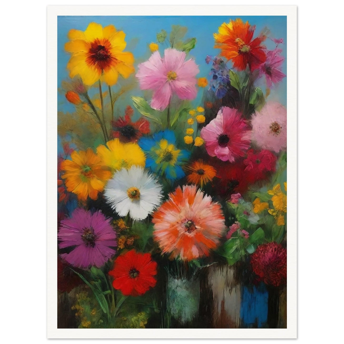 A colorful bouquet of various flowers in full bloom set against a bright blue background, showcasing a mix of vibrant hues.