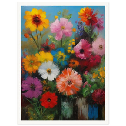 A colorful bouquet of various flowers in full bloom set against a bright blue background, showcasing a mix of vibrant hues.