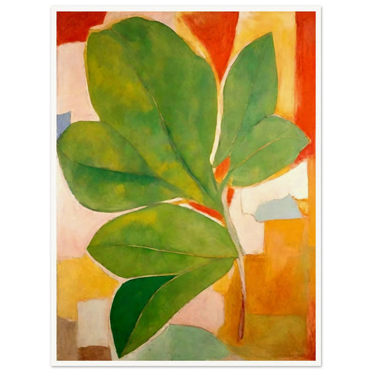 A large green leaf stands out against a background of abstract shapes in warm hues of orange, red, and beige, creating a striking composition of color and form.