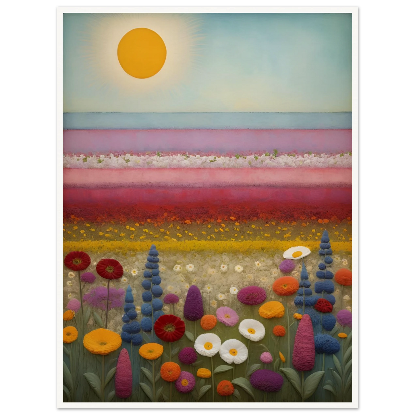 A vibrant field of multicolored flowers stretches under a golden sun, with pastel pink and purple layers blending into the horizon.