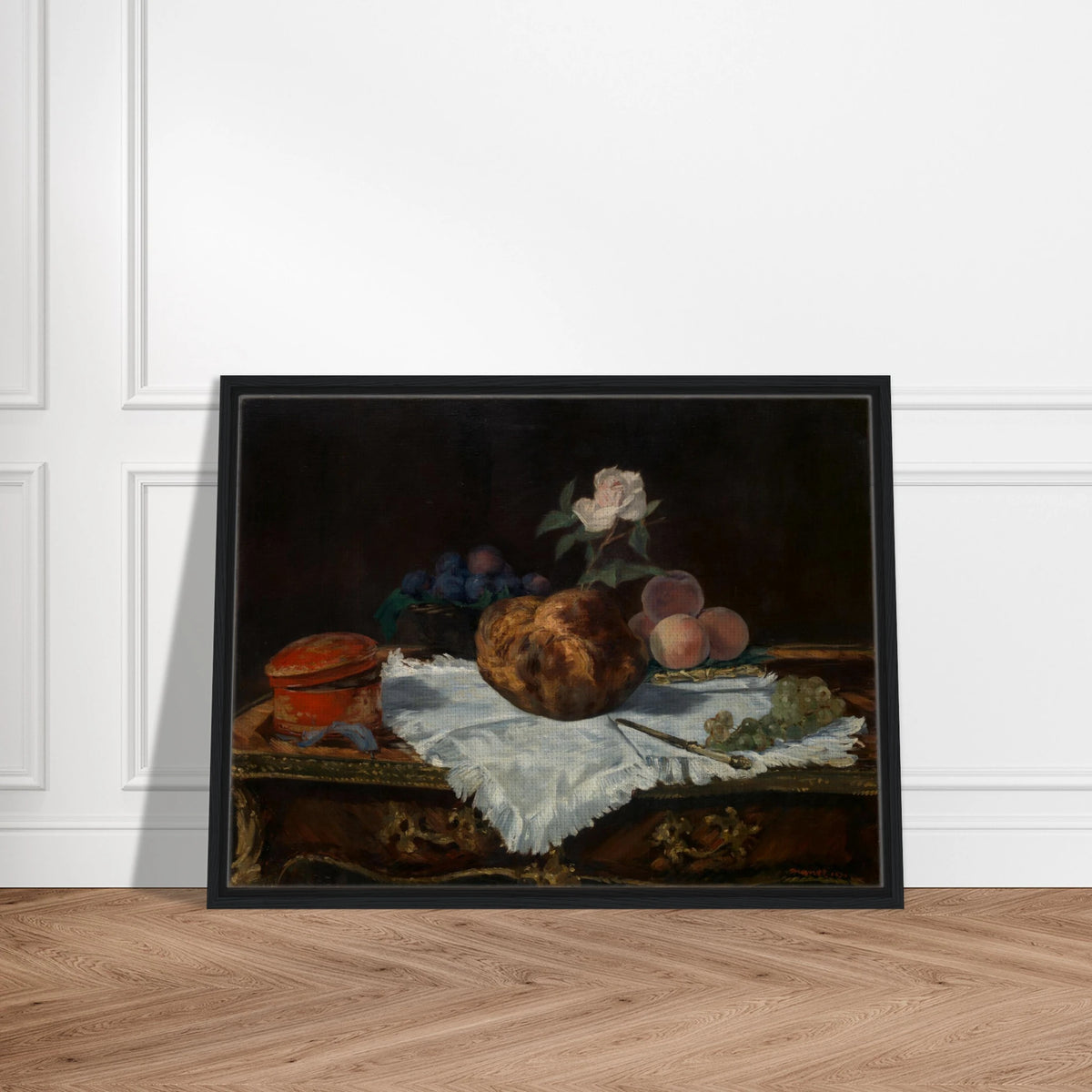 A brioche, fruit, white cloth, and tableware arranged in a quiet classical still life.