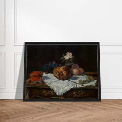 A brioche, fruit, white cloth, and tableware arranged in a quiet classical still life.