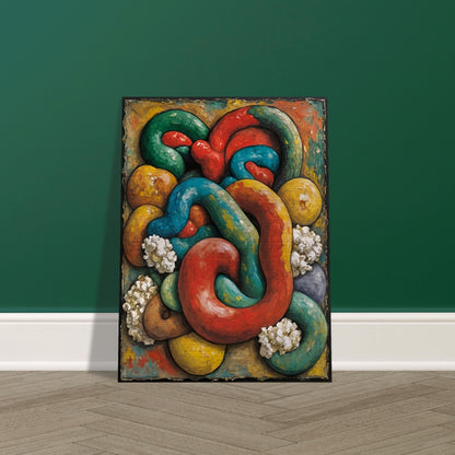 A bold, textured painting featuring intertwined, tubular forms in red, blue, green, and yellow, surrounded by organic, rounded shapes.