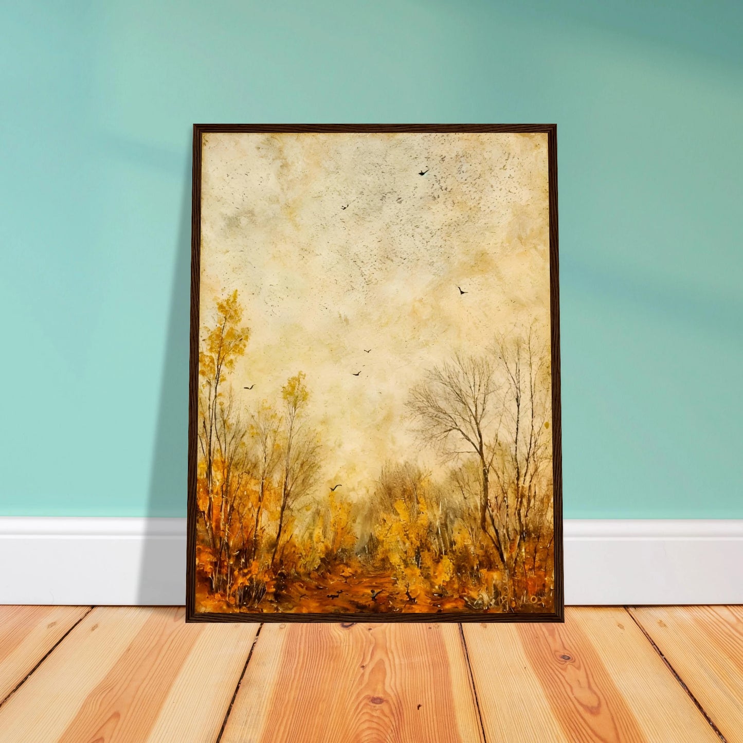 Muted fall forest with golden foliage and bare trees under a textured sky, scattered with birds in quiet flight.