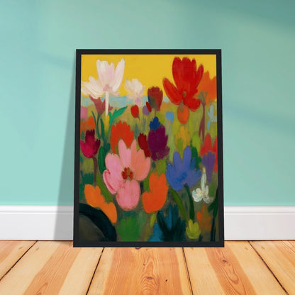 Bright flowers in red, pink, blue, and white rise from green stems against a golden yellow sky.