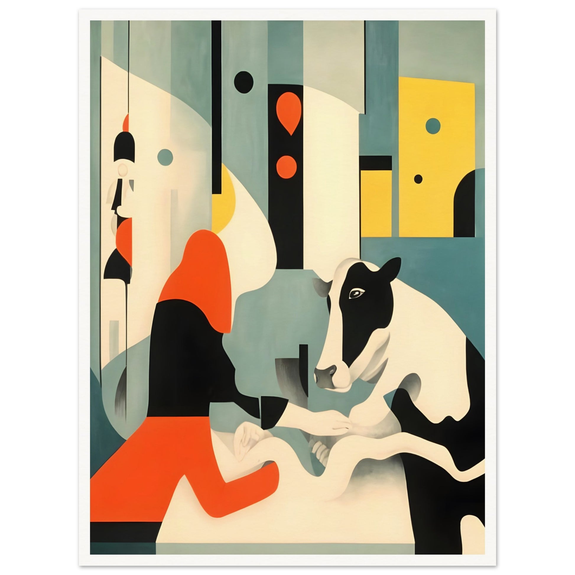 An abstract painting featuring a black-and-white cow interacting with a figure in a bold red and black outfit, set against a geometric background in shades of teal, yellow, and cream.