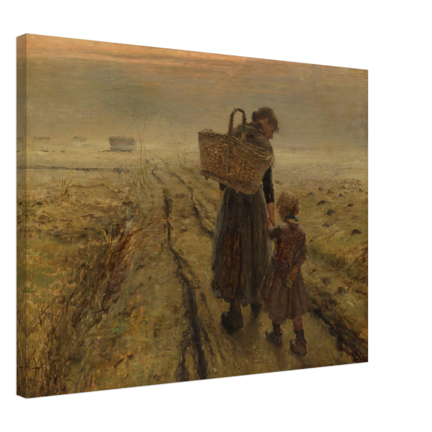 Mother and child walk a misty country path at dusk, with a woven basket and muted earth tones.
