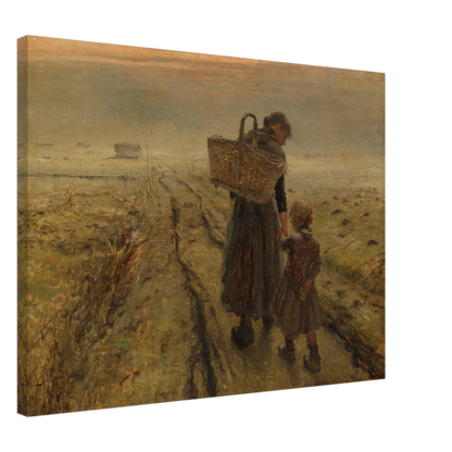 Mother and child walk a misty country path at dusk, with a woven basket and muted earth tones.