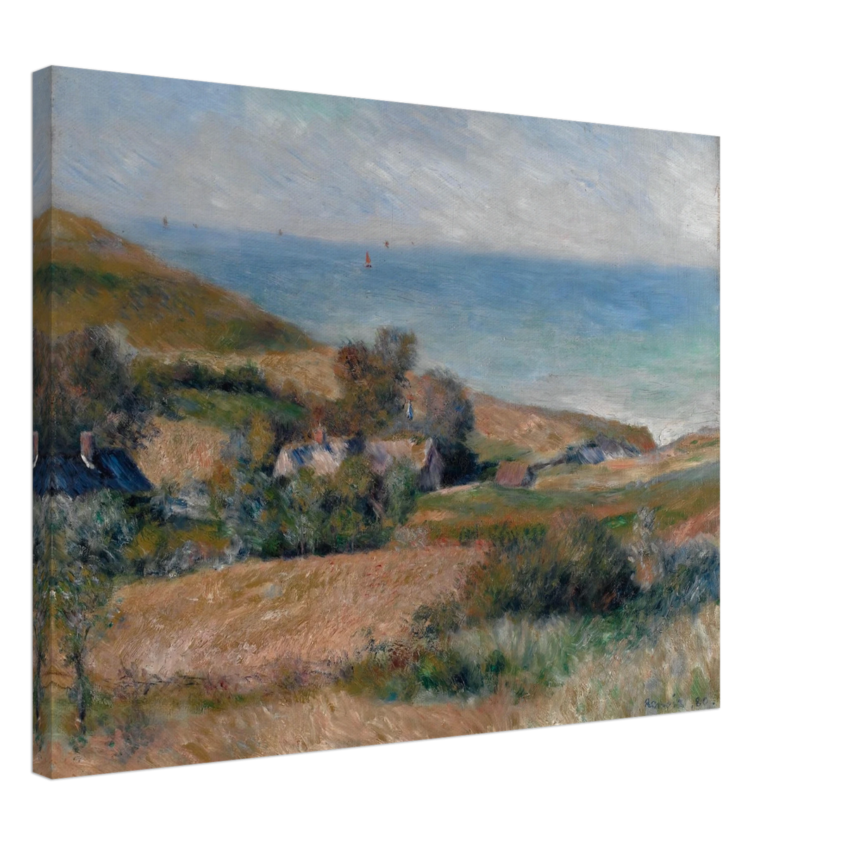 A Normandy coast with grassy fields, cottages, and a calm blue sea beneath a pale sky.