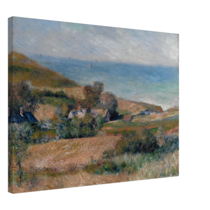 A Normandy coast with grassy fields, cottages, and a calm blue sea beneath a pale sky.