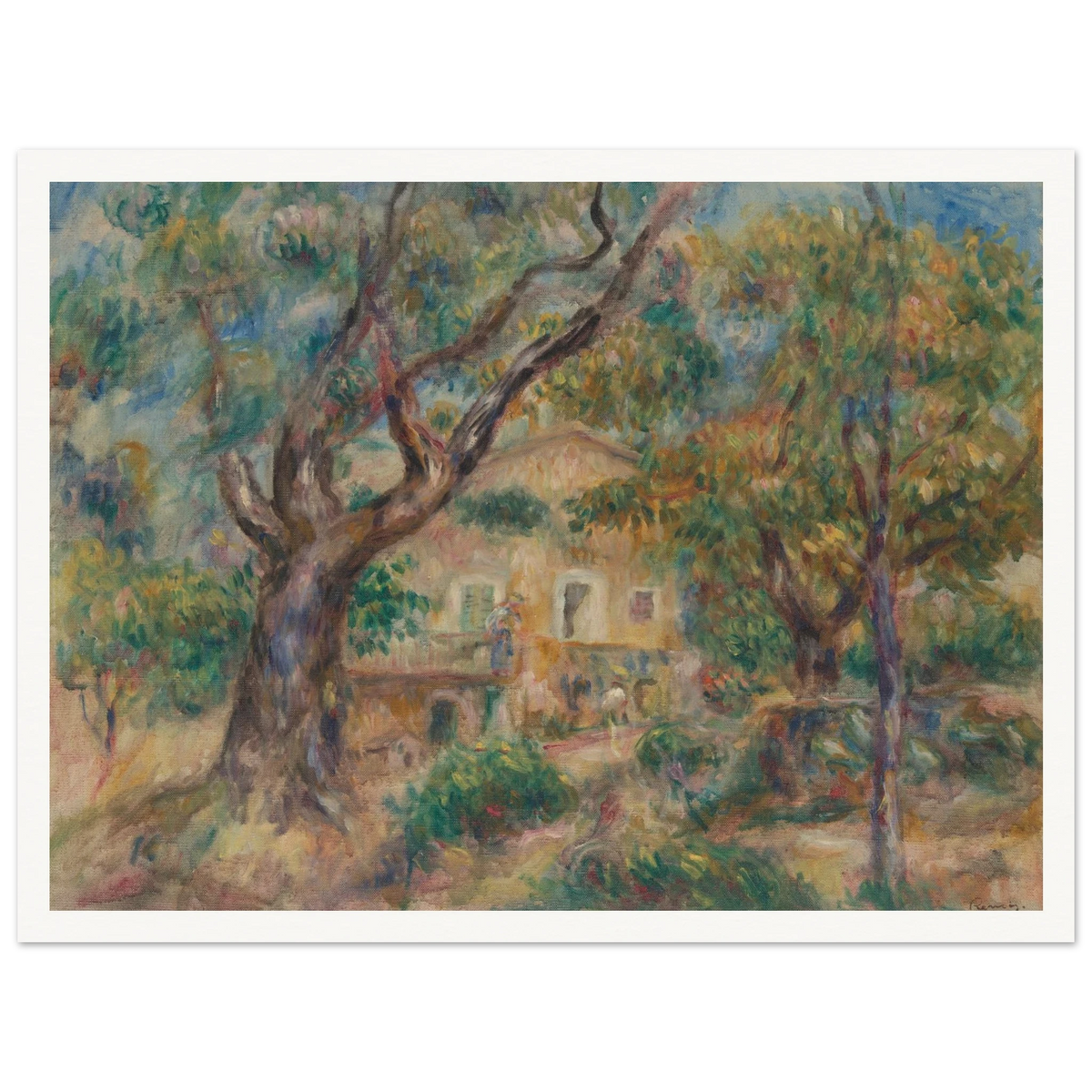 Sunlit farm buildings and trees at Les Collettes in Cagnes, painted with loose, vibrant brushstrokes.