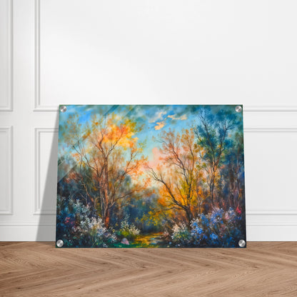 Radiant woodland scene with glowing autumn trees, delicate wildflowers, and a sunlit forest path beneath a vivid blue sky.