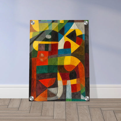 An abstract painting with bold geometric shapes and a mix of vibrant colors, creating a sense of dynamic symmetry.