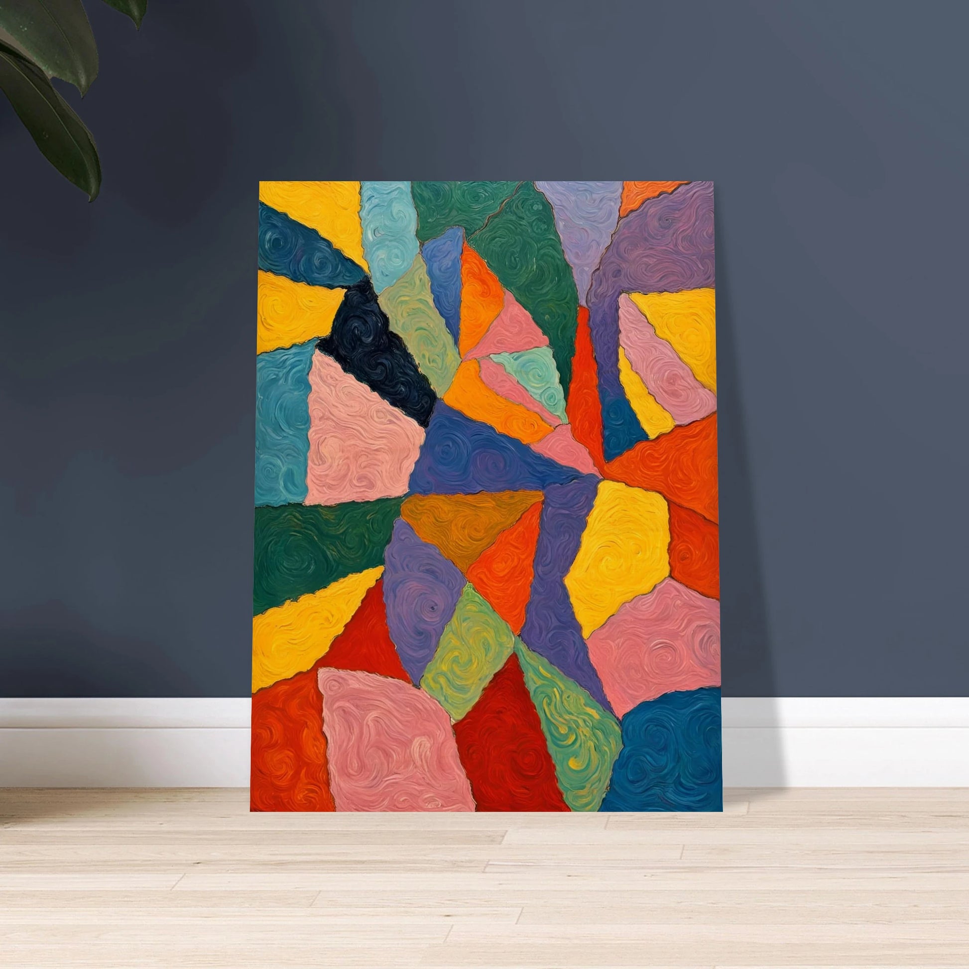 Vivid oil painting with swirling, colorful shapes in bold primary hues forming an intricate geometric mosaic.