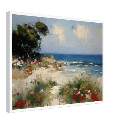 A picturesque painting of a serene beach with vibrant flowers in the foreground and calm ocean waves under a partly cloudy sky.