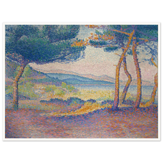 Pointillist pine trees frame a soft coastal view with blue water, pale hills, and dappled light.