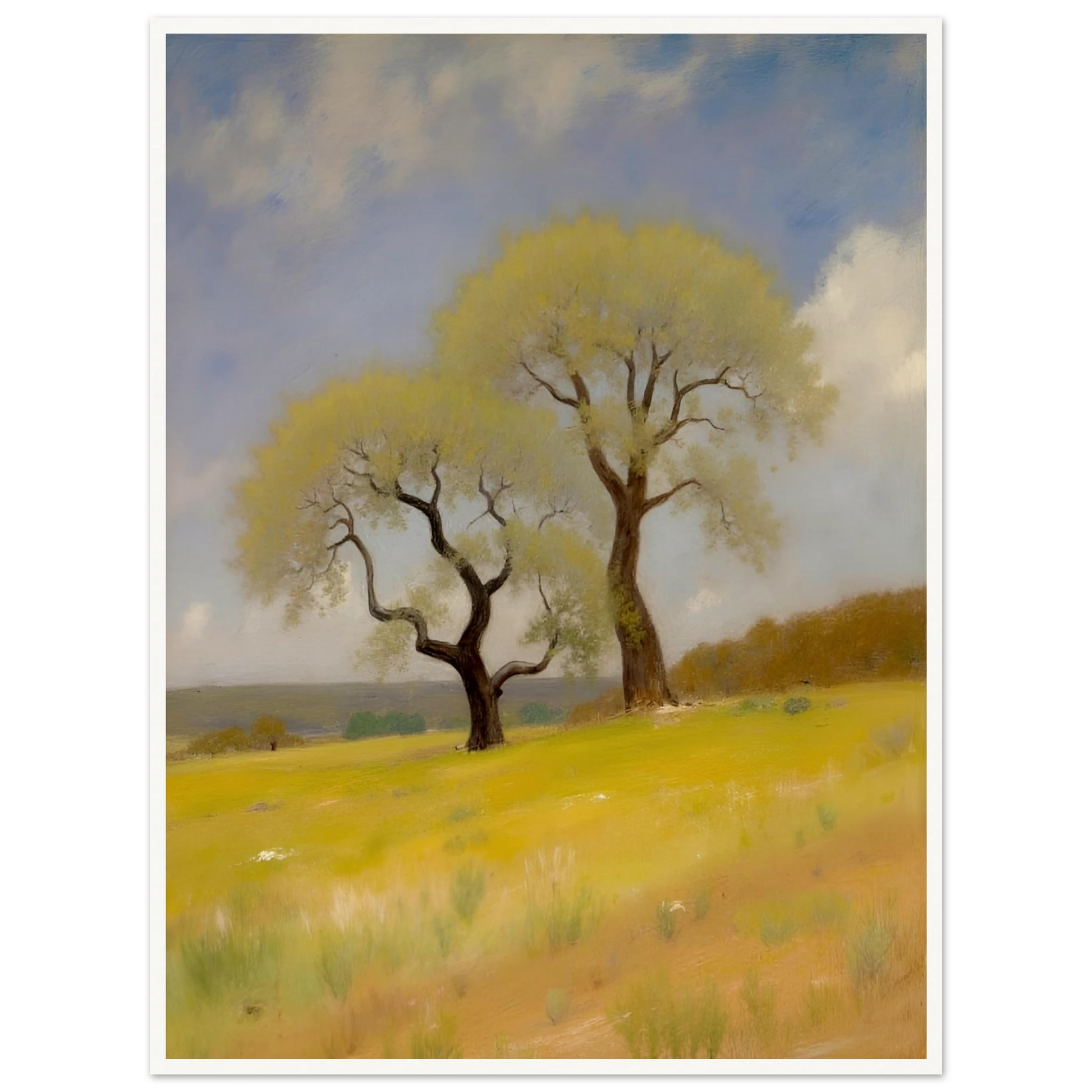 Two softly curved trees rise from a sunlit yellow-green field under a partly cloudy blue sky, evoking peace and resilience.