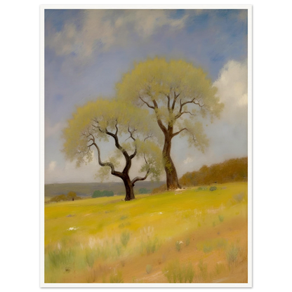 Two softly curved trees rise from a sunlit yellow-green field under a partly cloudy blue sky, evoking peace and resilience.