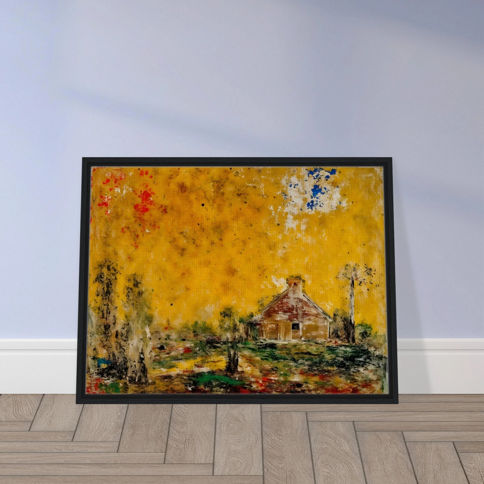 Rustic house rests beneath a golden sky with dark trees, green ground, and scattered red and blue marks.