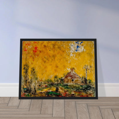 Rustic house rests beneath a golden sky with dark trees, green ground, and scattered red and blue marks.