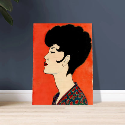 Elegant side-profile portrait of a woman with sculpted dark hair, vivid red lips, and patterned attire set against a radiant scarlet backdrop.