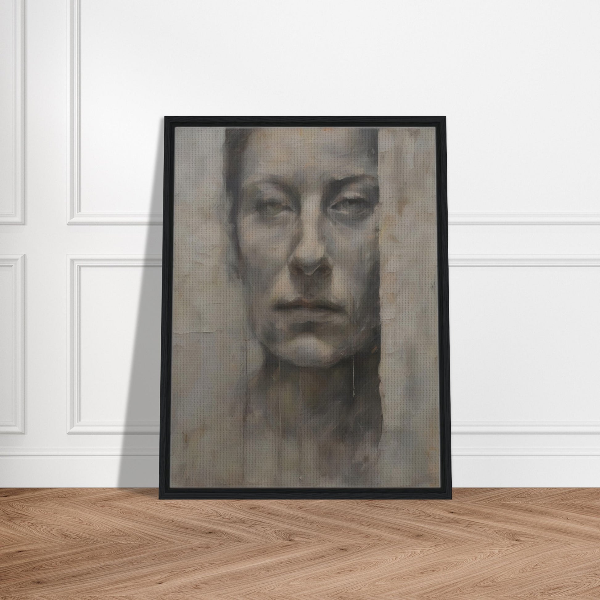 A haunting monochromatic portrait of a solemn face emerging from a textured, weathered surface, evoking a sense of mystery and introspection.