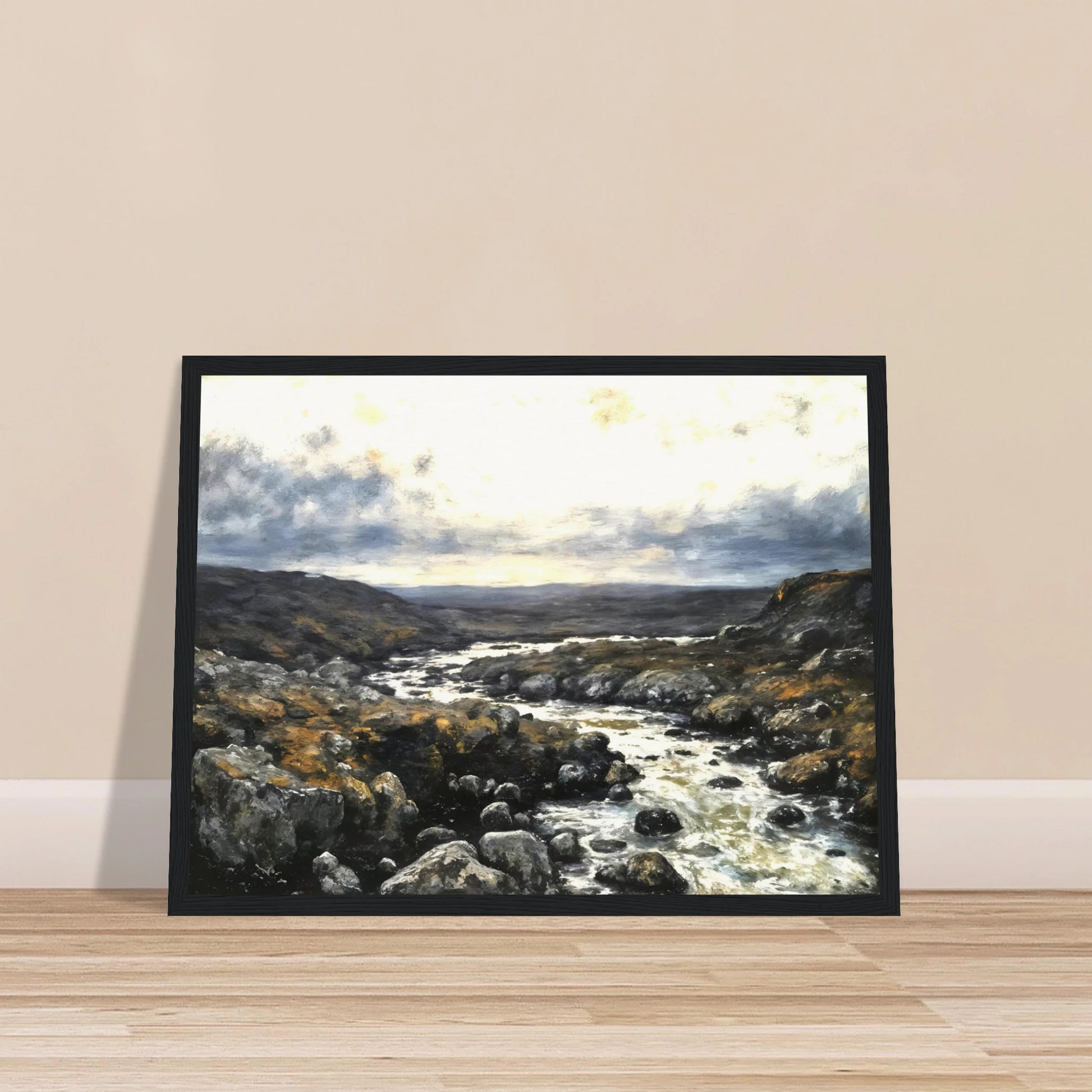 A rugged river winds through rocky highlands beneath dramatic clouds, blending silver waters with earthy terrain and distant horizons.