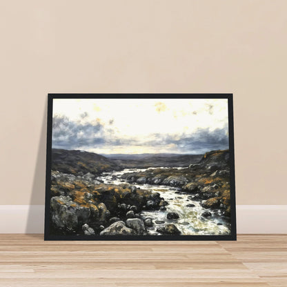 A rugged river winds through rocky highlands beneath dramatic clouds, blending silver waters with earthy terrain and distant horizons.