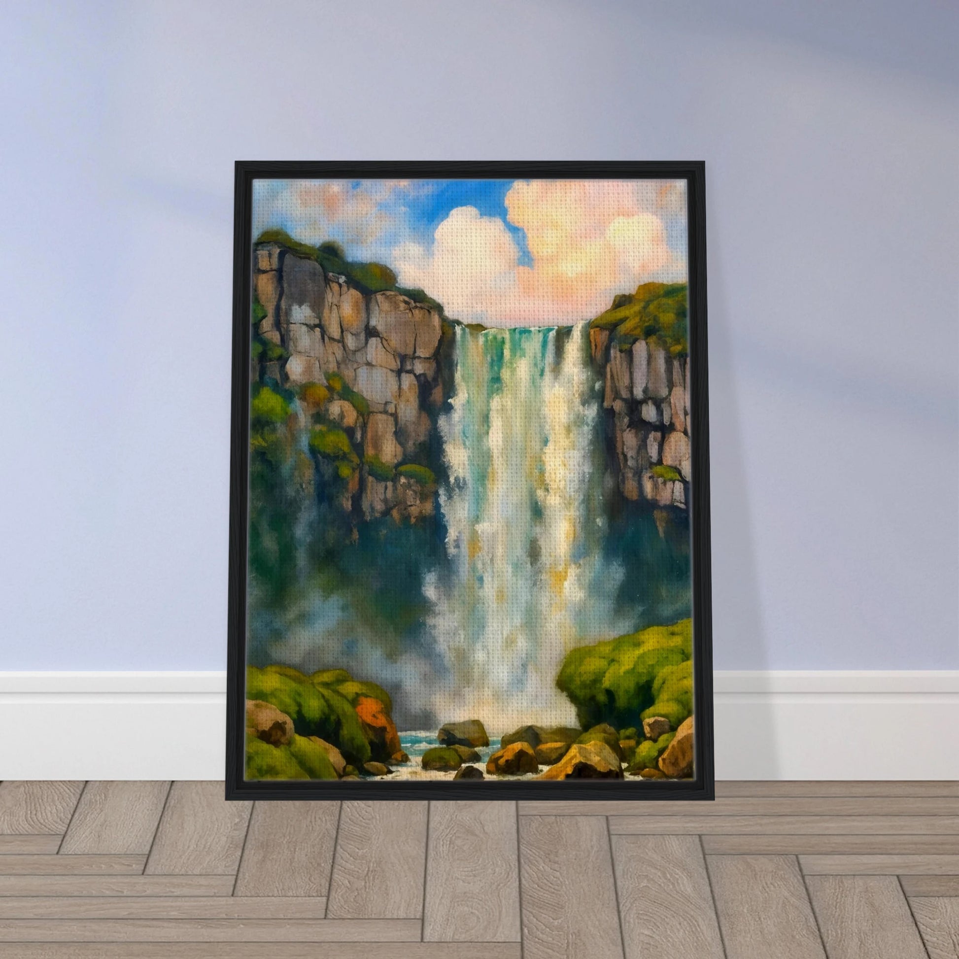A majestic waterfall plunges between rocky cliffs into misty waters below, framed by lush green moss and glowing skies.