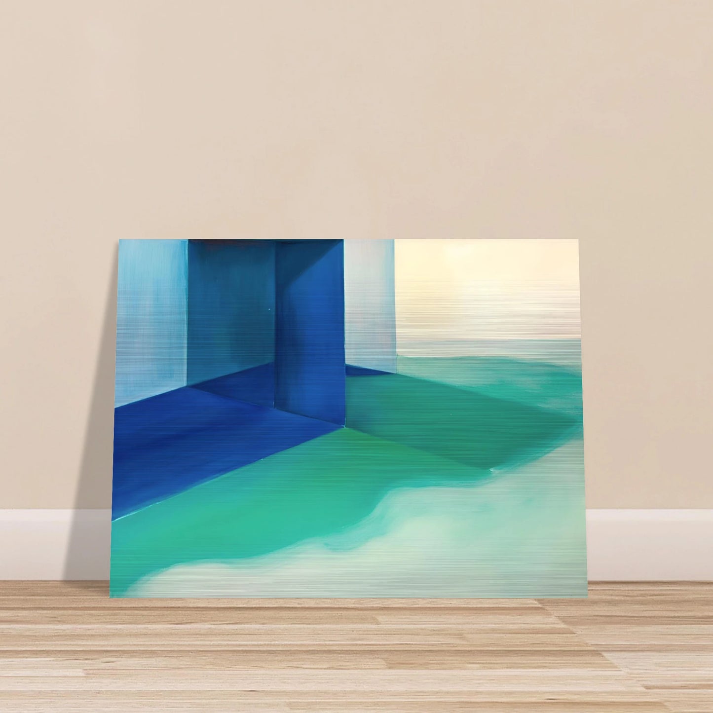 Blue architectural forms meet soft turquoise shores and pale horizons, creating a calm coastal retreat.