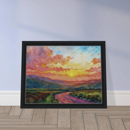 Vibrant watercolor landscape of a winding road through rolling hills beneath a glowing sunset sky filled with pink, gold, and blue clouds.