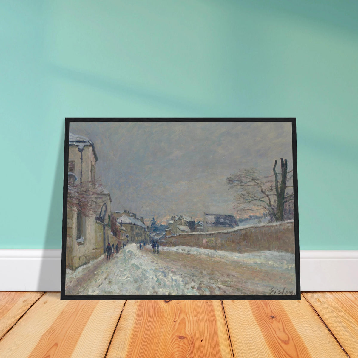 A snowy village road with figures, houses, bare trees, and soft gray winter sky.