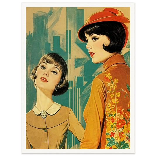 Two fashionable women in stylish retro clothing, one in a brown dress and the other in a floral-patterned orange vest, set against a modern cityscape.