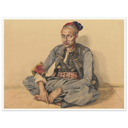 Seated artisan from Algiers in blue robes and a red cap, wearing a patterned sash and ornate accessories.