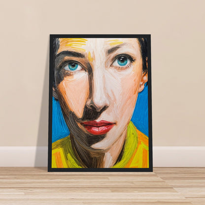 A striking portrait of a woman with blue eyes and red lips, painted in bold strokes with vibrant yellow, orange, and blue hues.