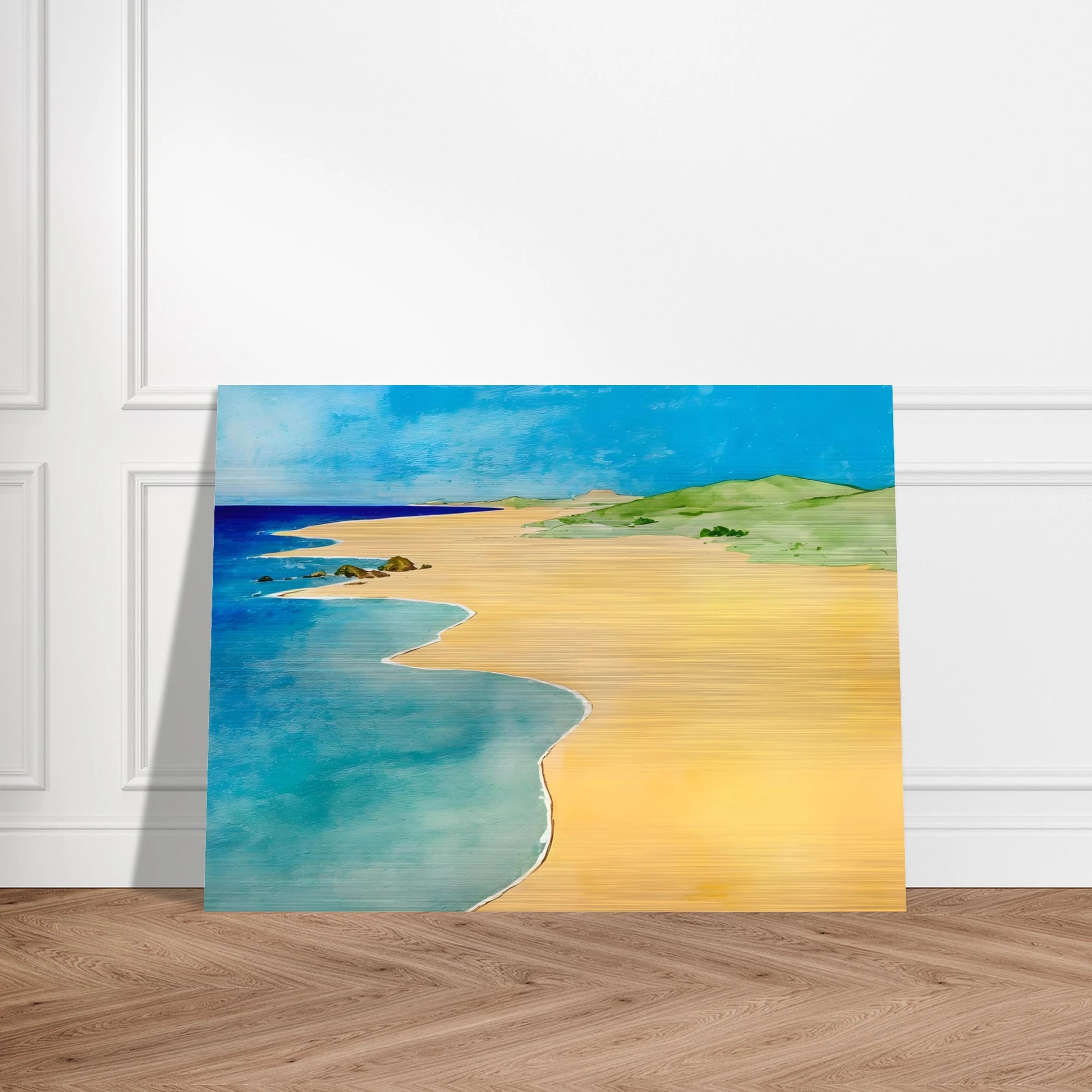A calm beach scene with golden sand, turquoise waves, and green hills under a bright blue summer sky.