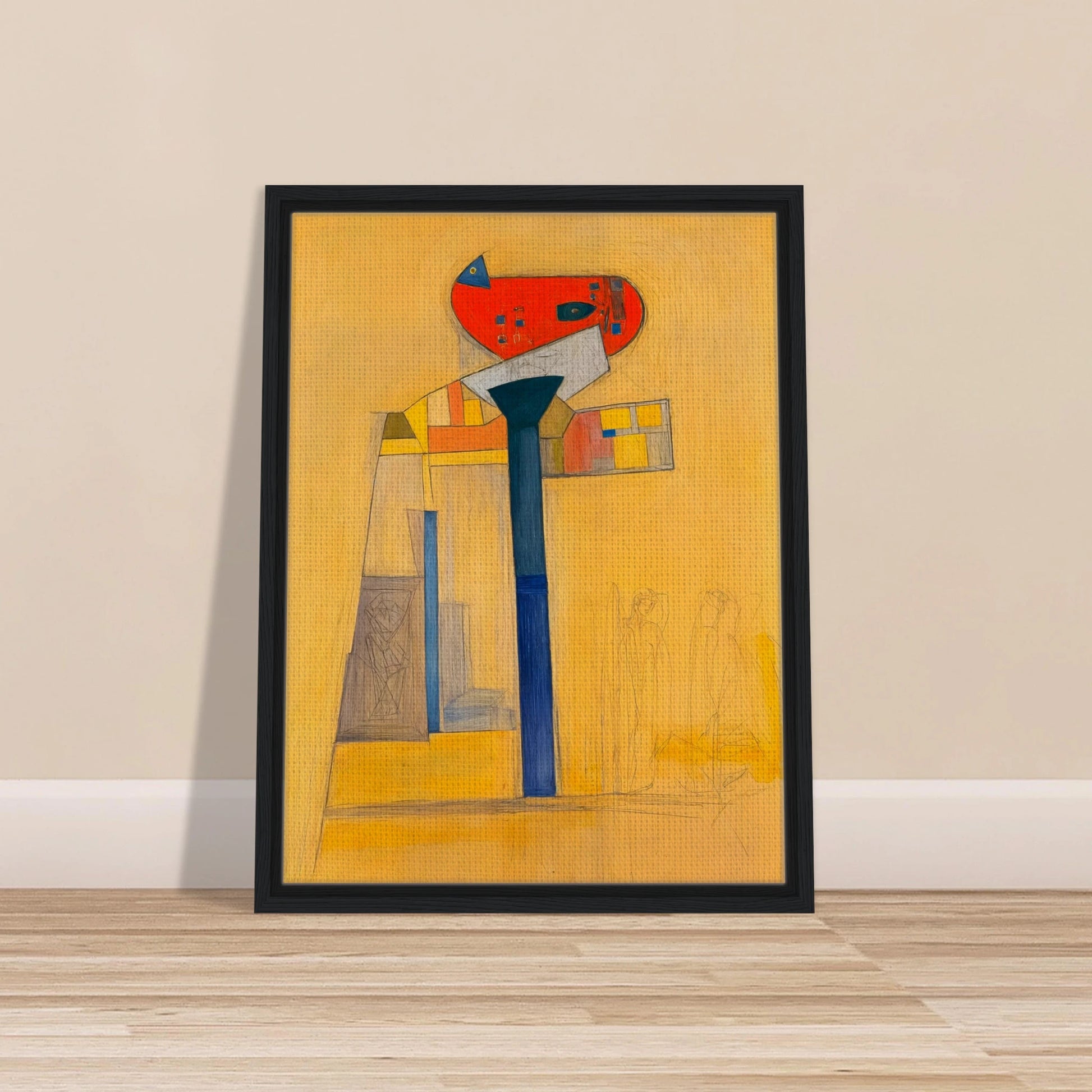 A surreal architectural painting with bold blue and red forms, fine sketches, and golden hues evoking quiet balance and tension.