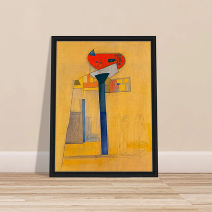 A surreal architectural painting with bold blue and red forms, fine sketches, and golden hues evoking quiet balance and tension.