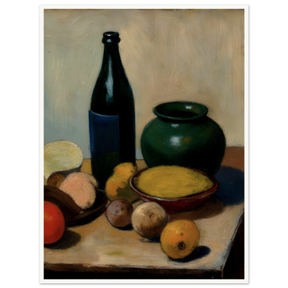 A classic still life painting featuring a dark bottle, a green ceramic vase, a bowl of yellow fruit, and assorted fruits arranged on a tabletop against a soft neutral background.